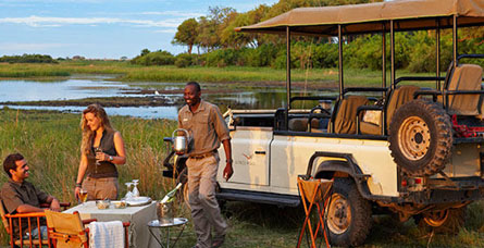 people eating a table set up while on safari with a safari vehicle next to them